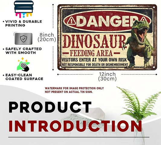 Dinosaur Vintage Tin Sign Dinosaur Feeding Area Great Boy's Room Metal Decor Sign Warning for Bedroom and Playroom 8x12inch