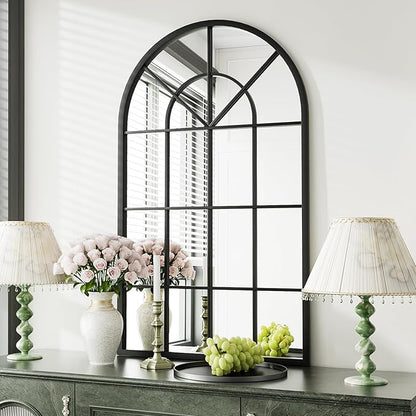 Arched Window Wall Mounted Mirror, 42"x24", Arched Window Pane Mirror Decorative for Entryway, Wall Decor Mirror for Bathroom Vanity, Living Room or Bedroom, Iron Frame, Black