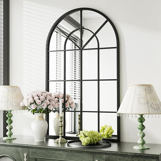 Arched Window Wall Mounted Mirror, 42"x24", Arched Window Pane Mirror Decorative for Entryway, Wall Decor Mirror for Bathroom Vanity, Living Room or Bedroom, Iron Frame, Black
