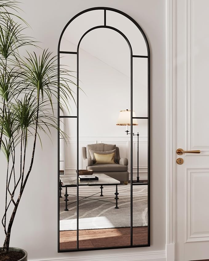 Antok 71" x 28" Full Length Mirror, Floor Mirror Arched Window Decorative Mirror, Metal Framed Decor Farmhouse Floor Mirrors Art Pane Mirrors Wall Decor for Bedroom, Living Room, Entryway Black