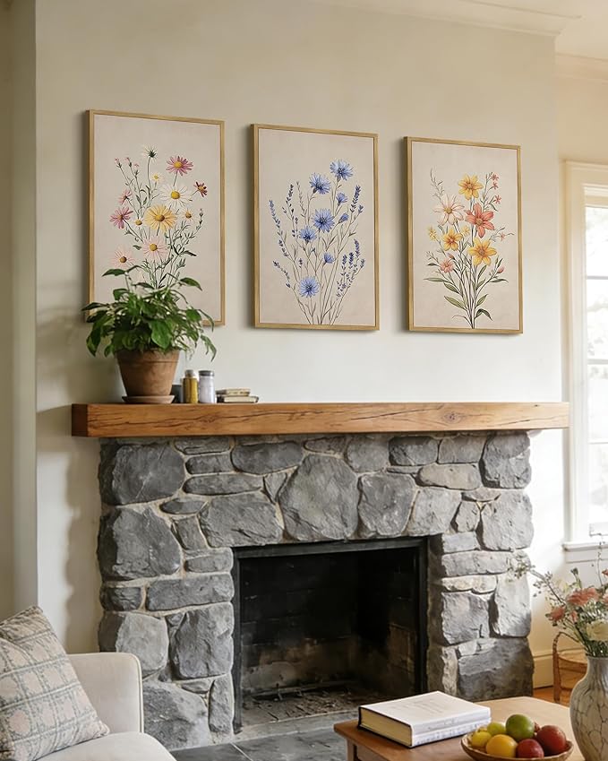 Drsoum Vintage Flower Bouquet Wall Art Framed Retro Bohemian Boho Colorful Floral Plant Rustic Artwork Nature Botanical Wildflower Prints Bedroom Living Room Ready to Hang 16x24in Natural Framed