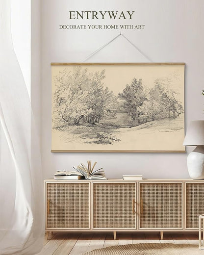 ARPEOTCY Extra Large Vintage Framed Wall Art, 36x54 Inch Sketch Forest Landscape Hanging Canvas Prints, Scroll Wall Decor for Living Room Bedroom, Retro Scenery Pictures Above of Bed