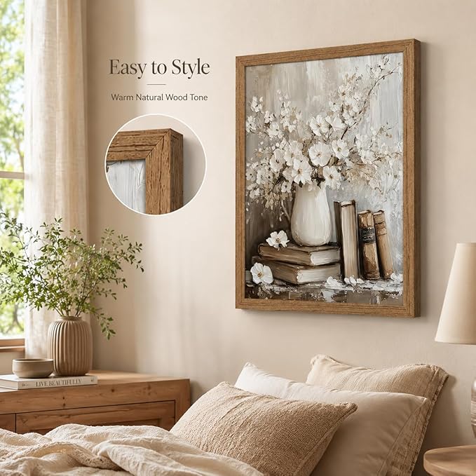 Framed Rustic Books Wall Art Farmhouse Floral Painting Picture Wall Decor Still Life Flowers Poster Print Artwork for Library Gallery Living Room Home Decoration