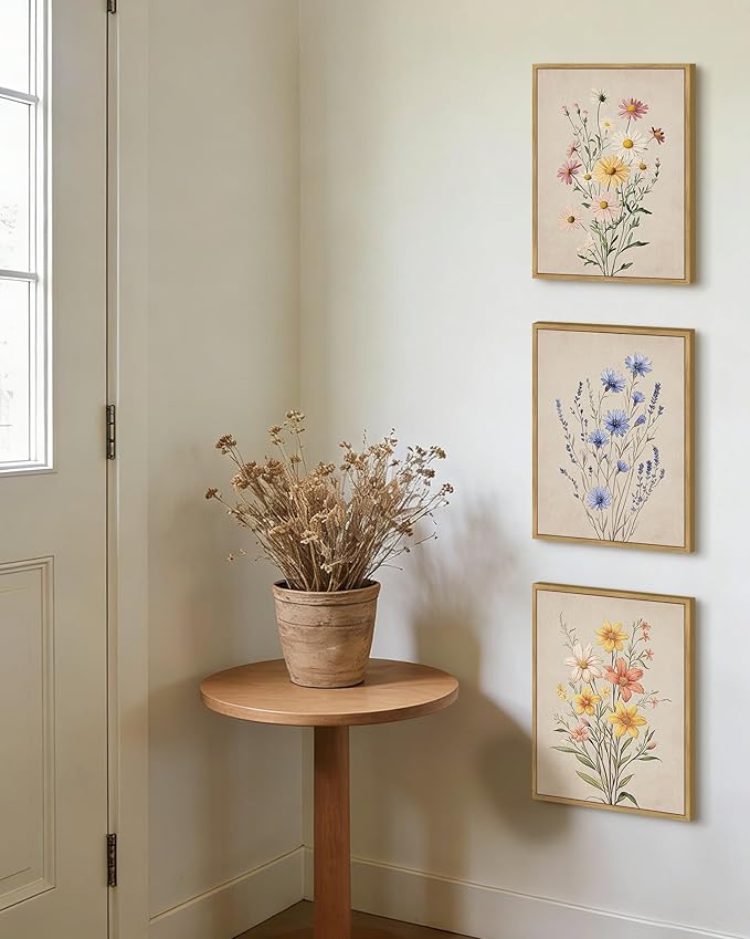 PHOPAGO Vintage Wildflower Bouquet Framed Wall Art Botanical Flower Wall Decor Modern Colorful Floral Living Room Bedroom Hanging Decor - 11x14in Natural Framed