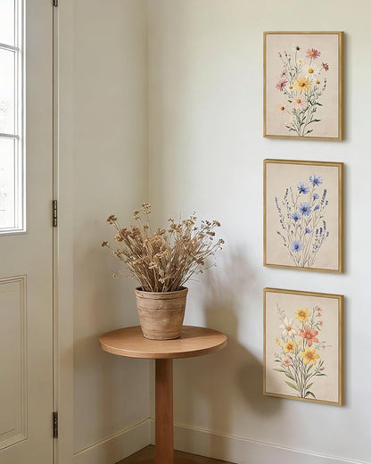 PHOPAGO Vintage Wildflower Bouquet Framed Wall Art Botanical Flower Wall Decor Modern Colorful Floral Living Room Bedroom Hanging Decor - 11x14in Natural Framed