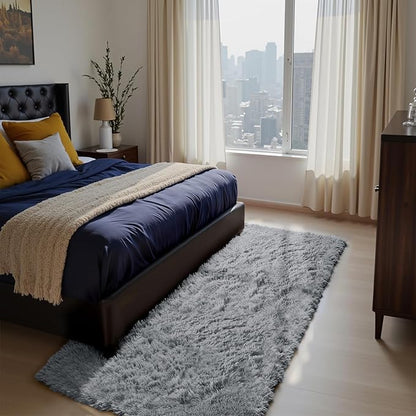 Soft Runner Rugs for Bedroom, Light Grey 2x6 Area Rugs Fluffy Rug Shag Area Rug Carpet, Bedside Rug for Living Room Bedroom Kids Room Home Decor