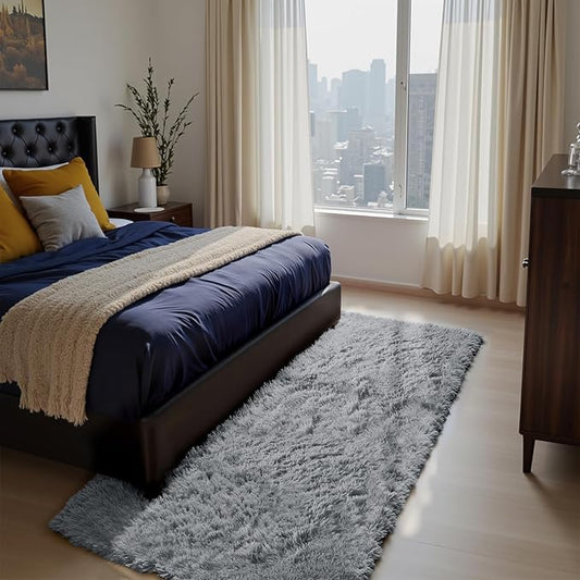 Soft Runner Rugs for Bedroom, Light Grey 3x7 Area Rugs Fluffy Rug Shag Area Rug Carpet, Bedside Rug for Living Room Bedroom Kids Room Home Decor