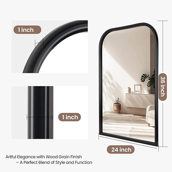 24"x36" Arch Wall Mirror Bathroom Mirror for Wall Mounted, Tempered Glass, Wood Grain Finish Frame Wall Mirror Decorative for Living Room Bedroom Entryway, Black