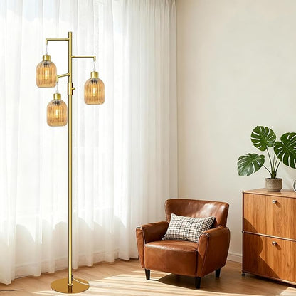 Modern Floor Lamp for Living Room, Dimmable Glass Standing Lamp Vintage Retro 3 Lights Tall Floor Lamps with Amber Lamp Shade Mid Century Tree Lamp, 3×6W Bulbs Included