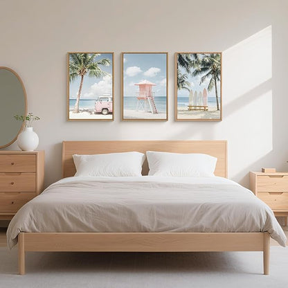 Celestdeco Large Beach Seascape Ocean Framed Canvas Wall Art Set,Modern Coastal Surfboard Palm Tree Wall Decor,Summer Pink Van Artwork for Living Room,Bedroom,Dining Room,Office-24 x36 x3
