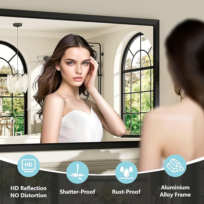 40x32 Inch Black Bathroom Mirror for Wall, Beveled Framed Rectangle Bathroom Vanity Mirrors for Over Sink, Bedroom, Living Room, Entryway, Anti-Rust, HD Tempered Glass, Horizontally/Vertically