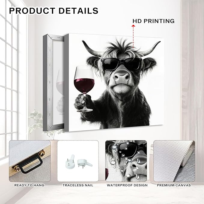 Funny Highland Cow Wall Art Cowboy Wall Decor Farmhouse Kitchen Decor Vintage Black and White Animals Pictures Canvas Prints Humor Cows Theme Paintings Posters Artwork Home Decorations 12x12” 4P