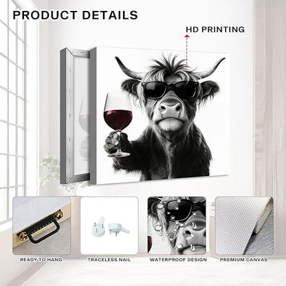 Funny Highland Cow Wall Art Cowboy Wall Decor Farmhouse Kitchen Decor Vintage Black and White Animals Pictures Canvas Prints Humor Cows Theme Paintings Posters Artwork Home Decorations 12x12” 4P