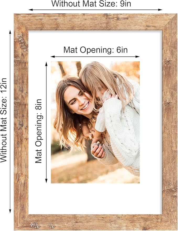 iRahmen 9x12 Picture Frame Set of 2, Rustic Brown Wood Frame with Tempered Glass, Display Pictures 6x8 with Mat or 9 x 12 without Mat for Horizontal or Vertical Tabletop and Wall Mounting