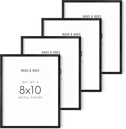HAUS AND HUES 8x10 Black Metal Picture Frames - Features Premium Aluminum & Hanging Hardware, Shatterproof Plexiglass - Ideal for Home, Room, Office (8x10 in, Black, Set of 4)