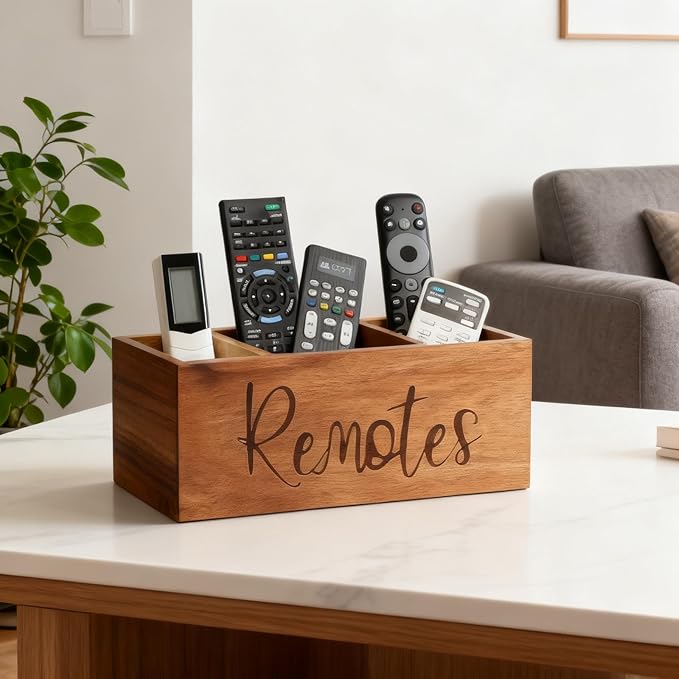 LBEMEY Remote Control Holder Caddy, Acacia Wood TV Remote Holder, Remote Organizer for Table, Vintage Farmhouse Desk Caddy (Brown-for 5+ Remote Controls)