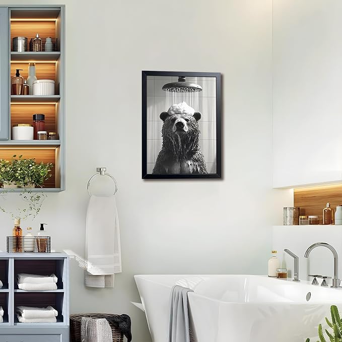 XYHYRA Funny Bear Bathroom Wall Art, Black and White Animal Shower Canvas Print Picture, Cute Bear Taking Bath Poster, Modern Farmhouse Bathroom Restroom Home Wall Decor 12x16 inch Wood Framed