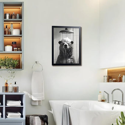 XYHYRA Funny Bear Bathroom Wall Art, Black and White Animal Shower Canvas Print Picture, Cute Bear Taking Bath Poster, Modern Farmhouse Bathroom Restroom Home Wall Decor 12x16 inch Wood Framed