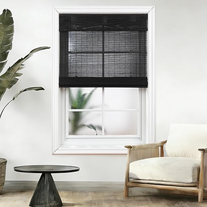 Motorized Bamboo Roman Shades, Motorized Blinds with Remote Compatible with Homekit, Alexa GoogleHome, Smart Wood Woven Shades for Indoor Windows, Customize, Carbon Shade