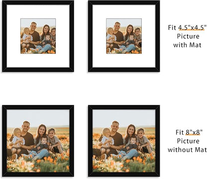 Picrit 8x8 Picture Frame Set of 12, Display 5x5 with Mat or 8 x 8 without Mat, Photo Frames for Wall Mounting or Table Top Display, Black
