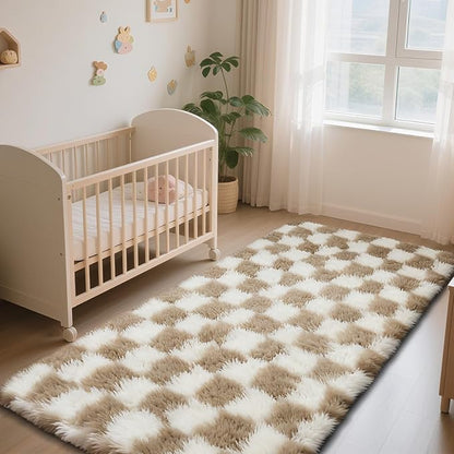 Checkered Rug for Bedroom, 2x4 Beige and White Area Rugs, Classic Checkered Carpets Shag Area Rug, Bedside Rugs for Living Room Bedroom Kids Room Home Decor