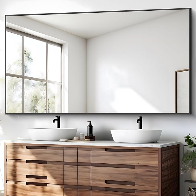 BONEWEI Bathroom Mirror,30x60 inch Large Wall Mirror for Bathroom Wall Mounted Black Rectangle Corner Mirrors,Black Bathroom Mirror for Living Room,Farmhouse,Bedroom Entryway,Horizontal/Vertical