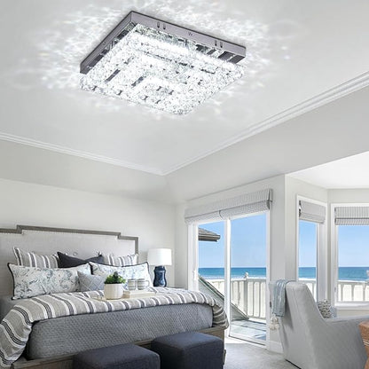 Crystal Chandeliers Crystal LED Ceiling Light 11.8" Square Flush Mount Modern Chandelier Ceiling Lights Fixtures for Bedroom Dining Room Hallway Dimmable by Remote Control