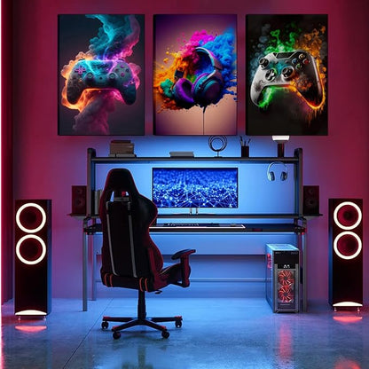 BGFCE Gaming Room Decor Canvas Wall Art Set of 3 - Cool Video Gaming Theme Wall Decor, Gamer Paintings Picture Print for Teen Boys Room 12x16 inch Framed