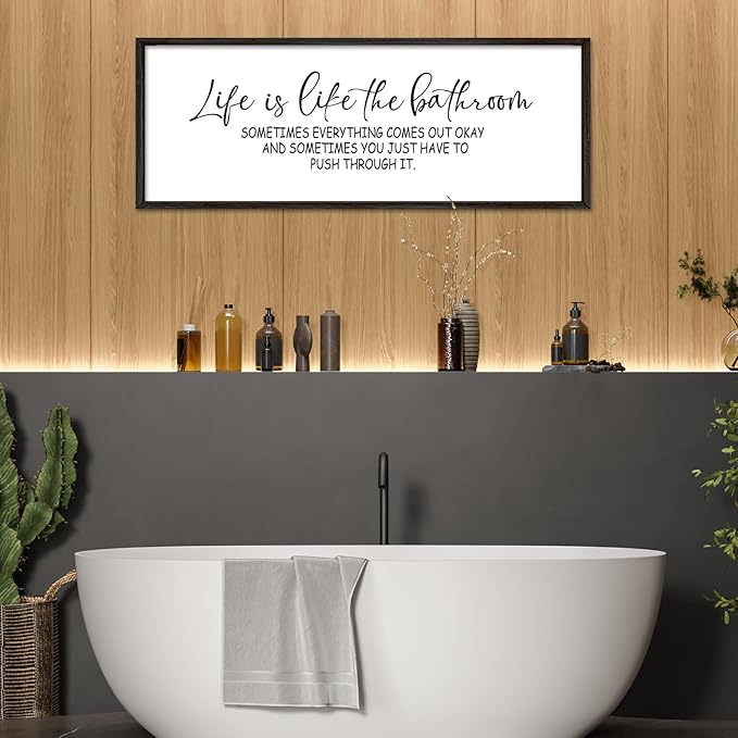 Life Is Like The Bathroom Sign Funny Motivational Quote Wall Decor 32"×12" Large Wood Framed for Bathroom Restroom Wall Hanging Art (Black)