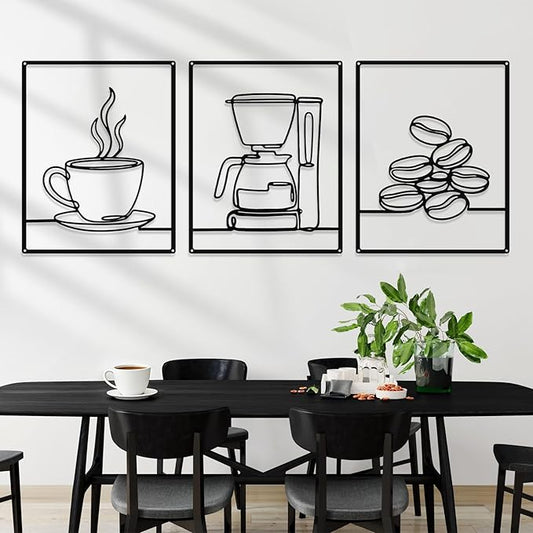 3 Pieces Metal Minimalist Line Kitchen Signs Wall Decor Drawing Rustic Kitchen Wall Art for Dining Living Room Home, 14 x 11 Inches (Coffee,Black)
