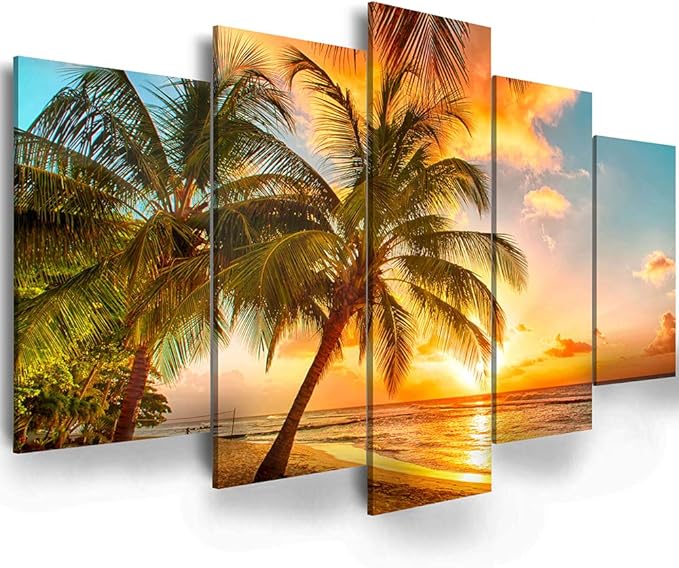 Golden Seascape Ocean Beach Wall Art Cozy Sea Artwork Modern Ocean Sunset Sea Beach Canvas Prints Pictures Paintings on Canvas Wall Art for Home Decor 5 Panels Gallery Wrapped Tropical Scenery