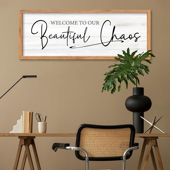 AuraPeak Welcome To Our Beautiful Chaos Sign Home Living Room Wall Decor Modern Family Rustic Farmhouse House Entryway Bedroom Hanging Horizontal Plaque Wall Art (Wood 40"×15")