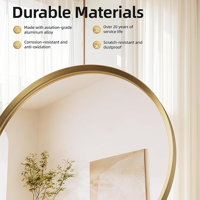 Brushed Gold Round Bathroom Mirror for Wall, 28 inch Sliver Circle Mirror for Wall, New Frame Design, Tempered Glass,Wall Mounted Circle Mirror for Vanity, Entryway, Bedroom, Restroom