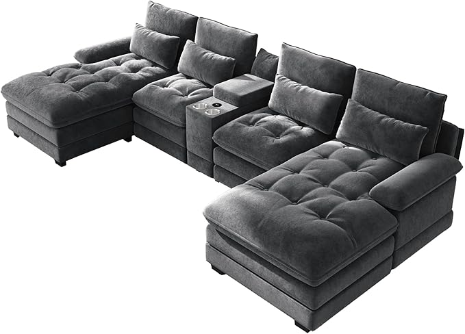 134" U Shaped Sectional Couches for Living Room,Modern Chenille 6 Seat Living Room Sofa Set with Storage Console,Oversized Modular Sectional Fluffy Couch with Tufted Buttons & Chaise Lounge,Grey