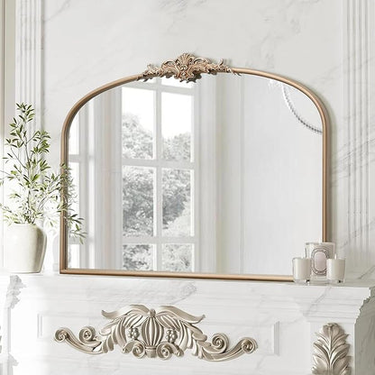 Besdomus Arched Vintage Gold Mirror: 40"x29" French Large Champagne Gold Antique Wall Vanity Mirror - Baroque Traditional Ornate for Fireplace/Bathroom/Living Room - Home Decor for Fashion-Conscious