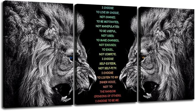 Motivational 3 Pieces Lion Wall Art for Office Inspirational I Choose Poster Inspirational Canvas Painting Prints Wall Pictures for Living Room Home Decor Framed Artwork [48''Wx 24''H]