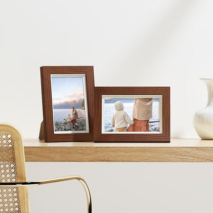 Vittanly 4x6 Picture Frames Set of 9, Display 3.5x5 Pictures with Mat or 4x6 without Mat, Photo Frames for Wall or Tabletop with Plexiglass, Engineered Wood, Wood Grain Brown