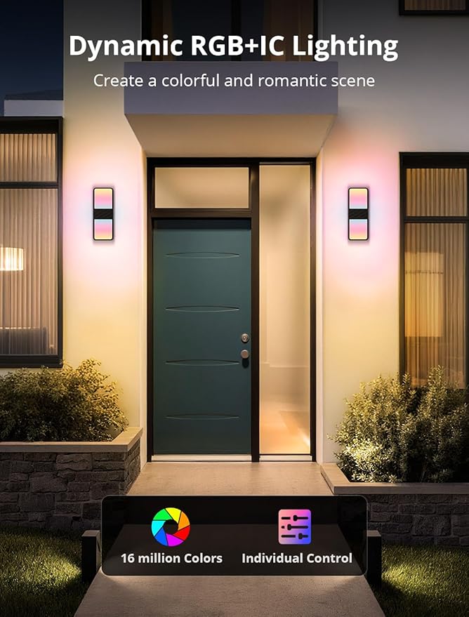 Smart Outdoor Wall Lights, 1500LM RGB+IC+Warm/Cool White Porch Light, 44 Scene Modes, IP65 Waterproof Wall Sconce for Halloween Christmas Decor, Works with Alexa, Google Assistant 2 Pack