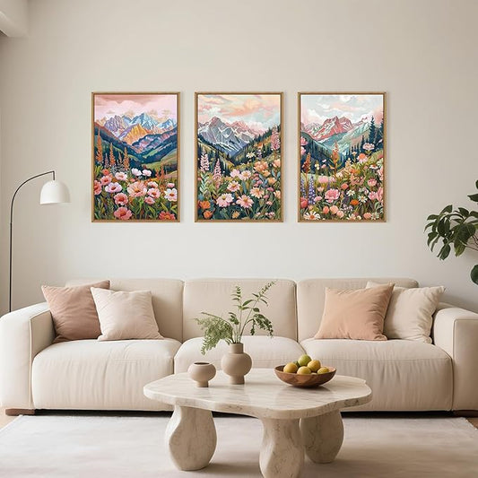 Aryroi Boho Vibrant Spring Mountain Wildflower Framed Canvas Wall Art Set,Colorful Natural Flower Forest Wall Decor,Modern Pink Floral Botanical Landscape Artwork for Living Room,Office,Farmhouse- 24"x36"x3