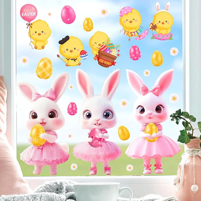 Pink Easter Window Clings Decoration Stickers for Glass Bunny Decals for Girls Bedroom Double-Side Spring Easters Eggs Cling Chick Rabbit Sticker for Living Room Kitchen Holiday Home Indoor Decor