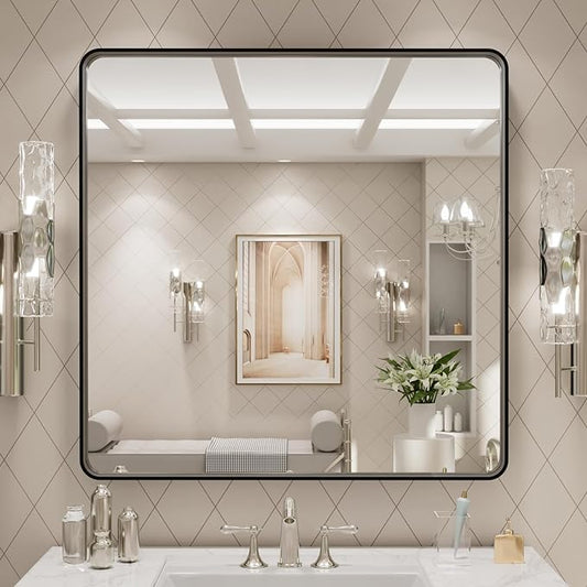 LOAAO 30x30 Inch Black Metal Framed Bathroom Mirror for Wall, Matte Black Bathroom Vanity Mirror Farmhouse, Large Rounded Rectangle Mirror, Anti-Rust, Hangs Horizontally or Vertically