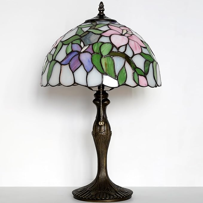 Tiffany Lamp Stained Glass Table Lamp Bedside Reading Lamp 12 x 19” Pink Flower Style Decorative Lamp for Desk Study Living Room Bedroom Office Decor Gift