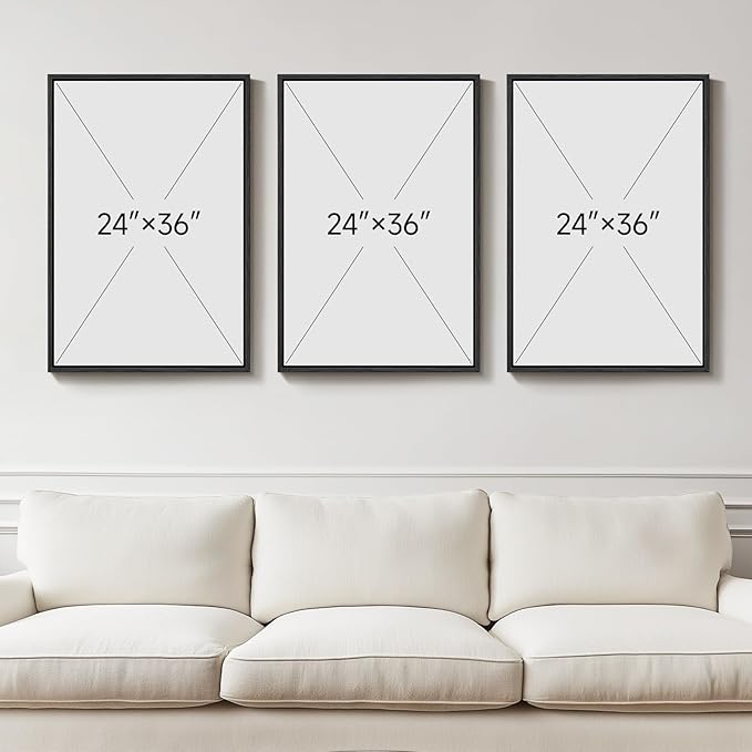 Framed Boho Wall Art for Living Room, Large 3 Piece Neutral Geometric Black and Beige Abstract Pictures Wall Art Decor, Farmhouse Vintage Artwork Home Decor for Hallway Office Guest Room 24x36 Inch