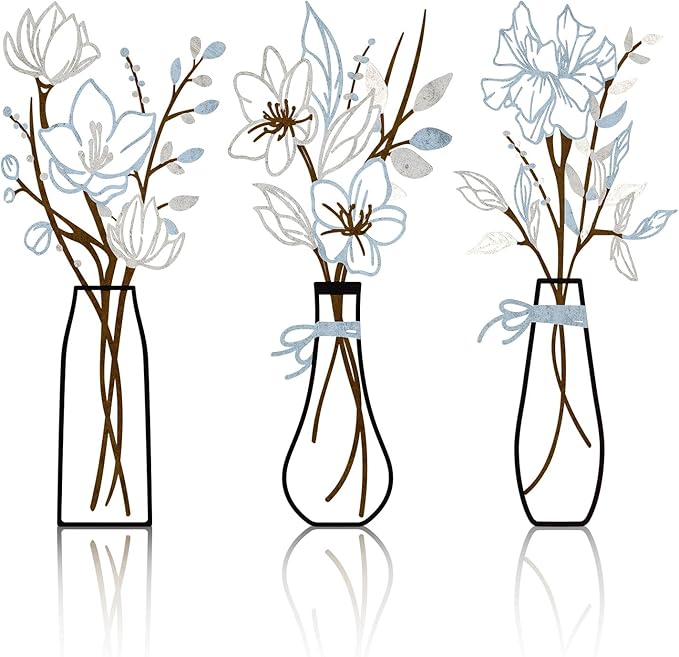 3 Pcs Metal Flowers Wall Arts Rustic Farmhouse Decor Bathroom Wall Decor Metal Wall Decor for Living-room Dining-Room Kitchen Minimalist Decor Housewarming Gifts (Blue Brown)