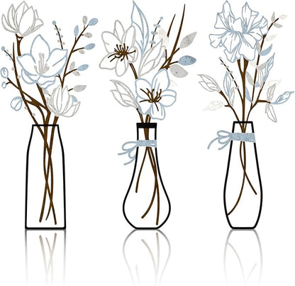 3 Pcs Metal Flowers Wall Arts Rustic Farmhouse Decor Bathroom Wall Decor Metal Wall Decor for Living-room Dining-Room Kitchen Minimalist Decor Housewarming Gifts (Blue Brown)