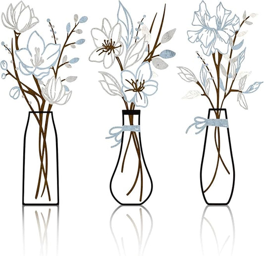 3 Pcs Metal Flowers Wall Arts Rustic Farmhouse Decor Bathroom Wall Decor Metal Wall Decor for Living-room Dining-Room Kitchen Minimalist Decor Housewarming Gifts (Blue Brown)
