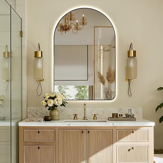 Niccy Arched LED Lighted Bathroom Mirror, 36x24 Inch Backlit Vanity Mirror with Lights Brushed Black Framed Wall Mounted Mirrors with Dimmable 3 Color Shatterproof Arch Smart Fog Free Mirror