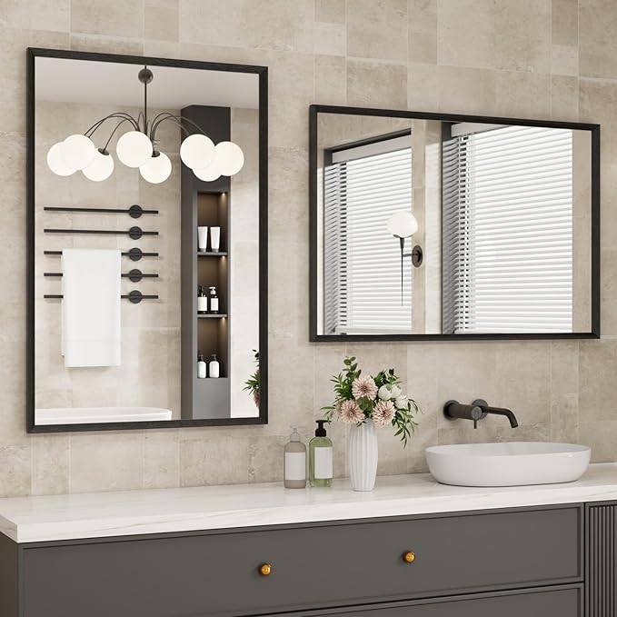 JISOSO Bathroom Vanity Mirror 24x36 Inch, Matte Black Rectangle Bathroom Mirror, Anti-Rust, 4MM Tempered Glass, Wall-Mounted Mirror, Hangs Horizontally or Vertically for Bathroom & Bedroom
