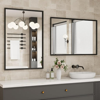 JISOSO Bathroom Vanity Mirror 24x36 Inch, Matte Black Rectangle Bathroom Mirror, Anti-Rust, 4MM Tempered Glass, Wall-Mounted Mirror, Hangs Horizontally or Vertically for Bathroom & Bedroom