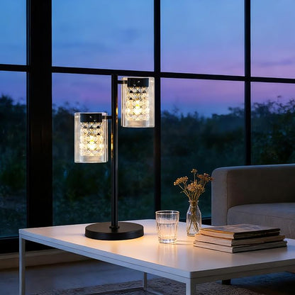 MantoLite Table Lamps with Clear Crystal Glass, Modern 2-Light Desk Lamps with Black Metal Base, Plug-in Bedside Lamp for Nightstands Bedroom, Office, Living Rooms